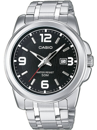 Front view of Casio Collection MTP-1314PD-1AVEF Black Dial Silver Stainless Steel Unisex Watch on white background