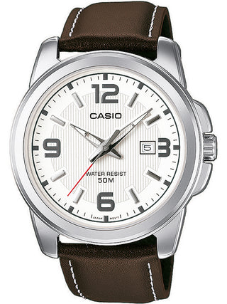 Front view of Casio Collection MTP-1314PL-7AVEF White Dial Brown Leather Unisex Watch on white background