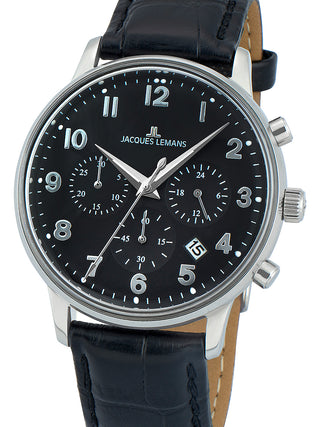 Front view of Jacques Lemans Chronograph N-209ZI Black Leather Unisex Watch on white background