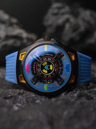 Angle shot of Nubeo NB-6099-SI-03 Black Dial Blue Silicone Unisex Watch on white background