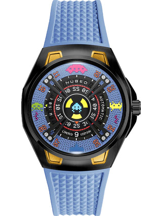 Front view of Nubeo NB-6099-SI-03 Black Dial Blue Silicone Unisex Watch on white background