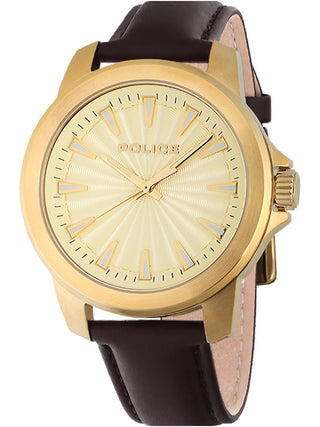 Front view of Police or PEWJA2207804 Gold Dial Brown Leather Unisex Watch on white background