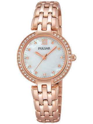 Front view of Pulsar PH8168X1 White Dial Rose Gold Stainless Steel Womens Watch on white background