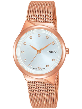 Front view of Pulsar PH8442X1 White Dial Rose Gold Stainless Steel Womens Watch on white background