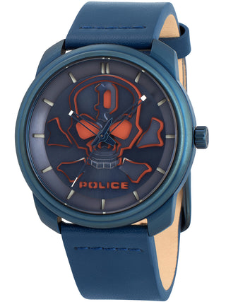 Front view of Police Bleder PL15714JSBL.03 Blue Leather Unisex Watch on white background