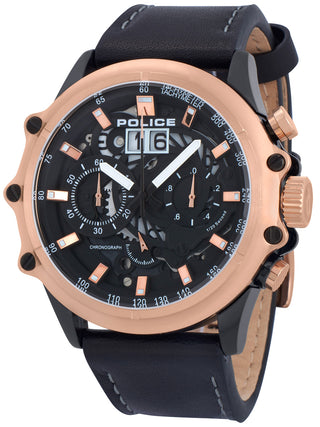 Front view of Police Chronograph PL16018JSBR.02 Black Leather Unisex Watch on white background