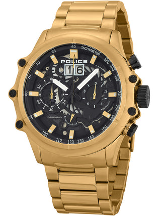 Front view of Police Chronograph PL16018JSG.02M Black Dial Gold Stainless Steel Unisex Watch on white background