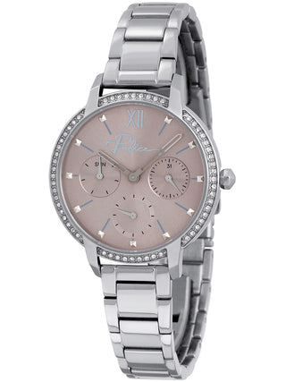 Front view of Police PL16043BS.79M Brown Dial Silver Stainless Steel Womens Watch on white background