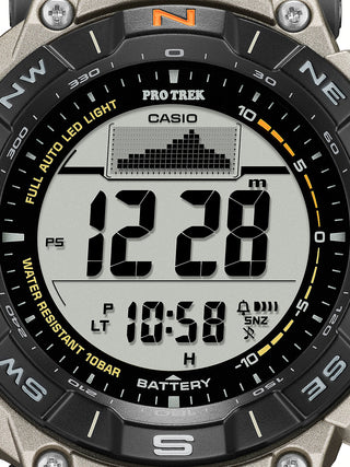 Angle shot of Casio Pro-Trek PRG-340T-7ER Black Dial Grey Titanium Mens Watch on white background