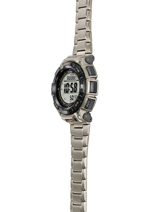 Angle shot of Casio Pro-Trek PRG-340T-7ER Black Dial Grey Titanium Mens Watch on white background