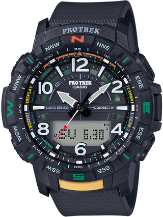 Front view of Casio Pro-Trek PRT-B50-1ER Grey Dial Black Resin Mens Watch on white background