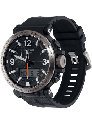 Angle shot of Casio Pro-Trek PRW-6611Y-1ER Black Resin Mens Watch on white background