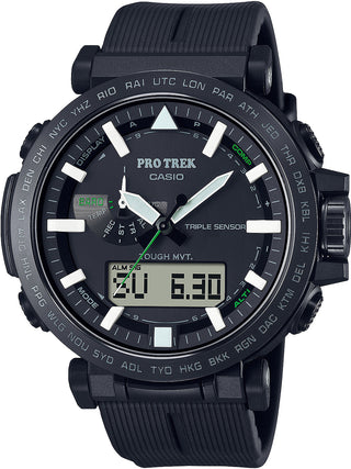 Front view of Casio Pro-Trek PRW-6621Y-1ER Black Resin Mens Watch on white background