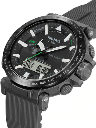 Angle shot of Casio Pro-Trek PRW-6621Y-1ER Black Resin Mens Watch on white background