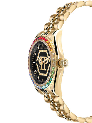 Angle shot of Philipp Plein PW2BA0623 Black Dial Gold Stainless Steel Womens Watch on white background