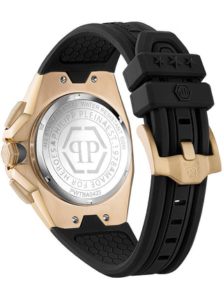 Angle shot of Philipp Plein Chronograph PWTBA0423 Brown Dial Black Silicone Unisex Watch on white background