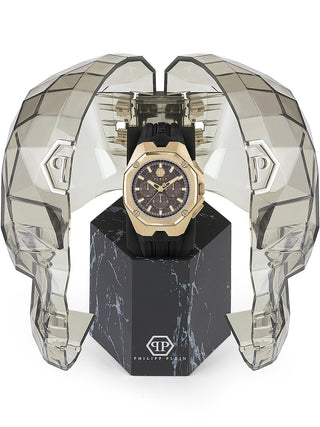 Angle shot of Philipp Plein Chronograph PWTBA0423 Brown Dial Black Silicone Unisex Watch on white background