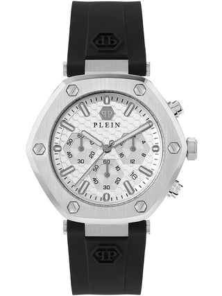 Front view of Philipp Plein Chronograph PWZBA0123 Silver Dial Black Silicone Unisex Watch on white background