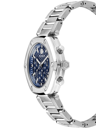 Angle shot of Philipp Plein Chronograph PWZBA0323 Blue Dial Silver Stainless Steel Unisex Watch on white background