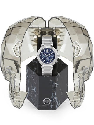 Angle shot of Philipp Plein Chronograph PWZBA0323 Blue Dial Silver Stainless Steel Unisex Watch on white background