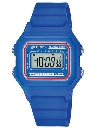 Front view of Lorus Chronograph R2319NX9 Grey Dial Blue Silicone Unisex Watch on white background