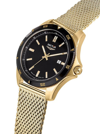 Angle shot of Sector R3253231003 Black Dial Gold Stainless Steel Unisex Watch on white background