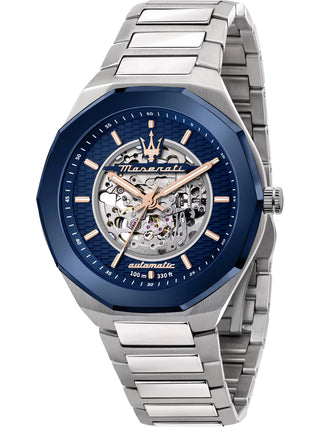 Front view of Maserati R8823142004 Blue Dial Silver Stainless Steel Unisex Watch on white background