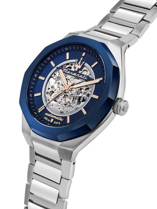 Angle shot of Maserati R8823142004 Blue Dial Silver Stainless Steel Unisex Watch on white background