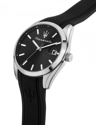 Angle shot of Maserati R8851151004 Black Silicone Unisex Watch on white background