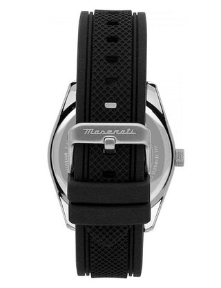 Angle shot of Maserati R8851151004 Black Silicone Unisex Watch on white background