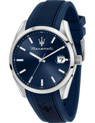 Front view of Maserati R8851151005 Blue Silicone Unisex Watch on white background