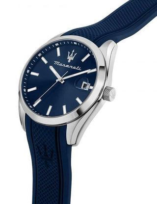 Angle shot of Maserati R8851151005 Blue Silicone Unisex Watch on white background