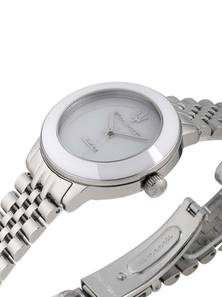 Angle shot of Maserati R8853145512 White Dial Silver Stainless Steel Womens Watch on white background