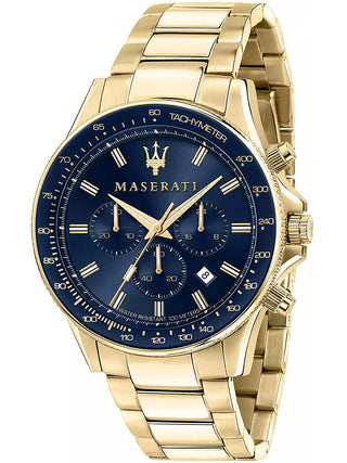 Front view of Maserati Chronograph R8873640008 Blue Dial Gold Stainless Steel Unisex Watch on white background