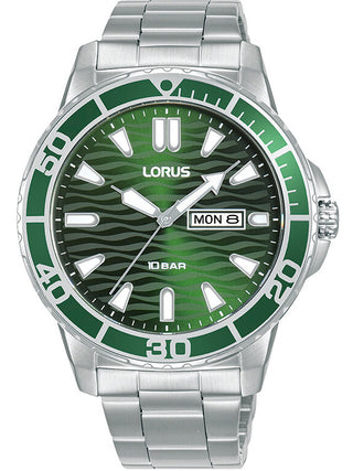 Front view of Lorus RH359AX9 Green Dial Silver Stainless Steel Unisex Watch on white background