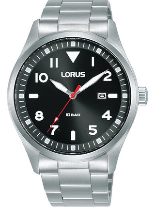 Front view of Lorus RH923QX9 Black Dial Silver Stainless Steel Unisex Watch on white background