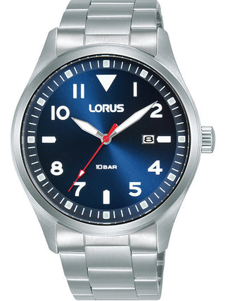 Front view of Lorus RH925QX9 Blue Dial Silver Stainless Steel Unisex Watch on white background