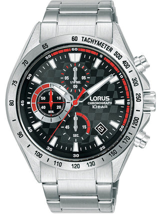 Front view of Lorus Chronograph RM309JX9 Black Dial Silver Stainless Steel Unisex Watch on white background