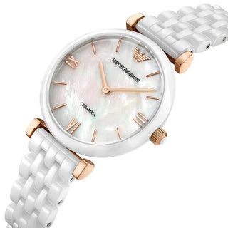 Angle shot of Emporio Armani Ceramica M AR1486 Mother Of Pearl Dial White Ceramic Womens Watch on white background