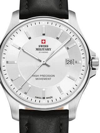 Front view of Swiss Military By Chrono SM30200.11 Silver Dial Black Leather Unisex Watch on white background