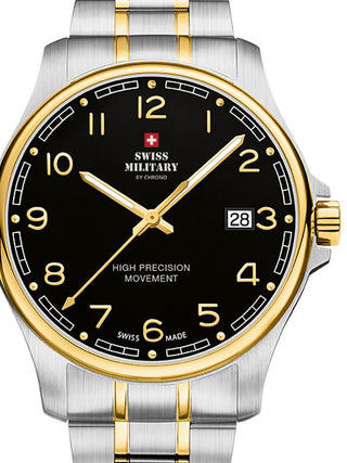 Front view of Swiss Military By Chrono SM30200.19 Black Dial Gold Stainless Steel Unisex Watch on white background