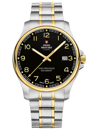 Angle shot of Swiss Military By Chrono SM30200.19 Black Dial Gold Stainless Steel Unisex Watch on white background