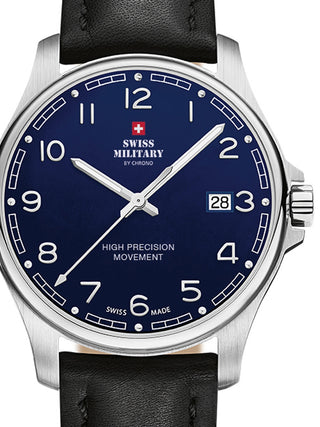 Front view of Swiss Military By Chrono SM30200.26 Blue Dial Black Leather Unisex Watch on white background