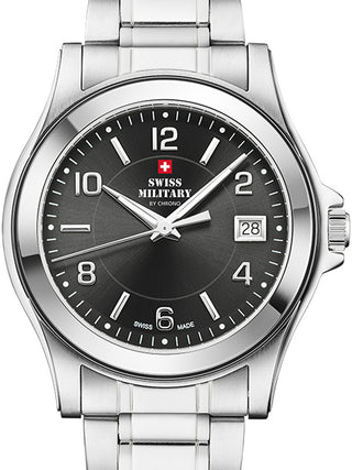 Front view of Swiss Military By Chrono SM34002.21 Black Dial Silver Stainless Steel Unisex Watch on white background