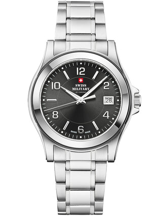 Angle shot of Swiss Military By Chrono SM34002.21 Black Dial Silver Stainless Steel Unisex Watch on white background