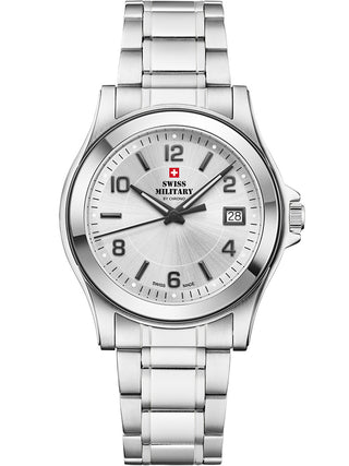 Angle shot of Swiss Military By Chrono SM34002.22 Silver Stainless Steel Unisex Watch on white background