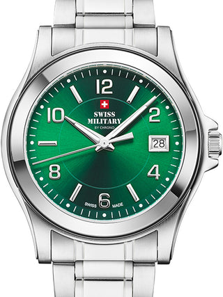 Front view of Swiss Military By Chrono SM34002.24 Green Dial Silver Stainless Steel Unisex Watch on white background