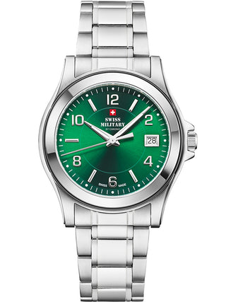 Angle shot of Swiss Military By Chrono SM34002.24 Green Dial Silver Stainless Steel Unisex Watch on white background