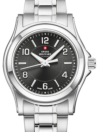 Front view of Swiss Military By Chrono SM34003.21 Black Dial Silver Stainless Steel Womens Watch on white background