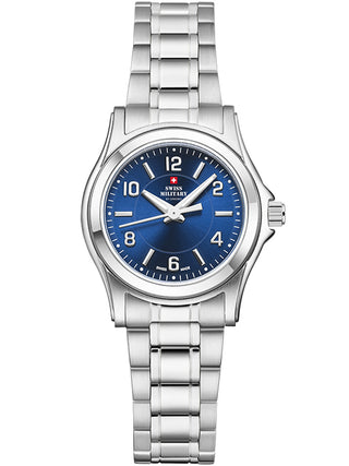 Angle shot of Swiss Military By Chrono SM34003.23 Blue Dial Silver Stainless Steel Womens Watch on white background